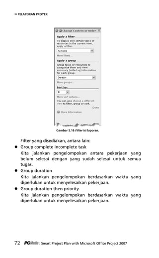 » PELAPORAN PROYEK
Gambar 5.16 Filter isi laporan.
Filter yang disediakan, antara lain:
 Group complete incomplete task
Kita jalankan pengelompokan antara pekerjaan yang
belum selesai dengan yang sudah selesai untuk semua
tugas.
 Group duration
Kita jalankan pengelompokan berdasarkan waktu yang
diperlukan untuk menyelesaikan pekerjaan.
 Group duration then priority
Kita jalankan pengelompokan berdasarkan waktu yang
diperlukan untuk menyelesaikan pekerjaan.
72 : Smart Project Plan with Microsoft Office Project 2007
7Bab 5 edited.pdf 12
7Bab 5 edited.pdf 12 10/23/2008 3:23:22 PM
10/23/2008 3:23:22 PM
 