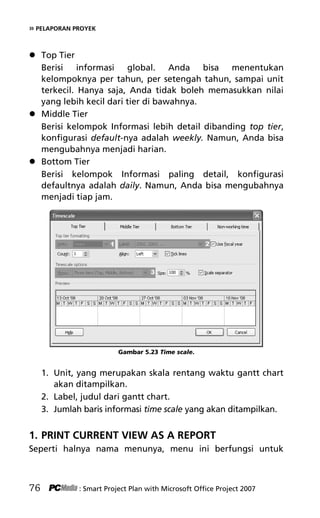 » PELAPORAN PROYEK
 Top Tier
Berisi informasi global. Anda bisa menentukan
kelompoknya per tahun, per setengah tahun, sampai unit
terkecil. Hanya saja, Anda tidak boleh memasukkan nilai
yang lebih kecil dari tier di bawahnya.
 Middle Tier
Berisi kelompok Informasi lebih detail dibanding top tier,
konfigurasi default-nya adalah weekly. Namun, Anda bisa
mengubahnya menjadi harian.
 Bottom Tier
Berisi kelompok Informasi paling detail, konfigurasi
defaultnya adalah daily. Namun, Anda bisa mengubahnya
menjadi tiap jam.
Gambar 5.23 Time scale.
1. Unit, yang merupakan skala rentang waktu gantt chart
akan ditampilkan.
2. Label, judul dari gantt chart.
3. Jumlah baris informasi time scale yang akan ditampilkan.
1. PRINT CURRENT VIEW AS A REPORT
Seperti halnya nama menunya, menu ini berfungsi untuk
76 : Smart Project Plan with Microsoft Office Project 2007
7Bab 5 edited.pdf 16
7Bab 5 edited.pdf 16 10/23/2008 3:23:22 PM
10/23/2008 3:23:22 PM
 