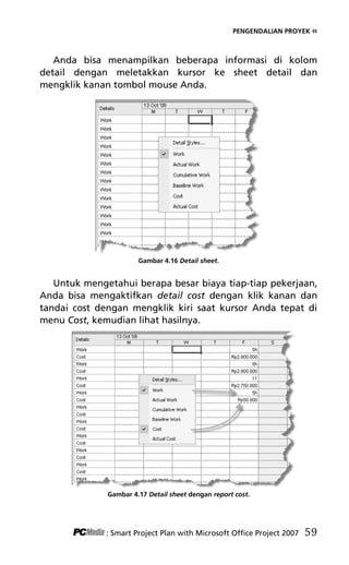 PENGENDALIAN PROYEK «
Anda bisa menampilkan beberapa informasi di kolom
detail dengan meletakkan kursor ke sheet detail dan
mengklik kanan tombol mouse Anda.
Gambar 4.16 Detail sheet.
Untuk mengetahui berapa besar biaya tiap-tiap pekerjaan,
Anda bisa mengaktifkan detail cost dengan klik kanan dan
tandai cost dengan mengklik kiri saat kursor Anda tepat di
menu Cost, kemudian lihat hasilnya.
Gambar 4.17 Detail sheet dengan report cost.
: Smart Project Plan with Microsoft Office Project 2007 59
6Bab 4 edited.pdf 11
6Bab 4 edited.pdf 11 10/23/2008 3:22:45 PM
10/23/2008 3:22:45 PM
 