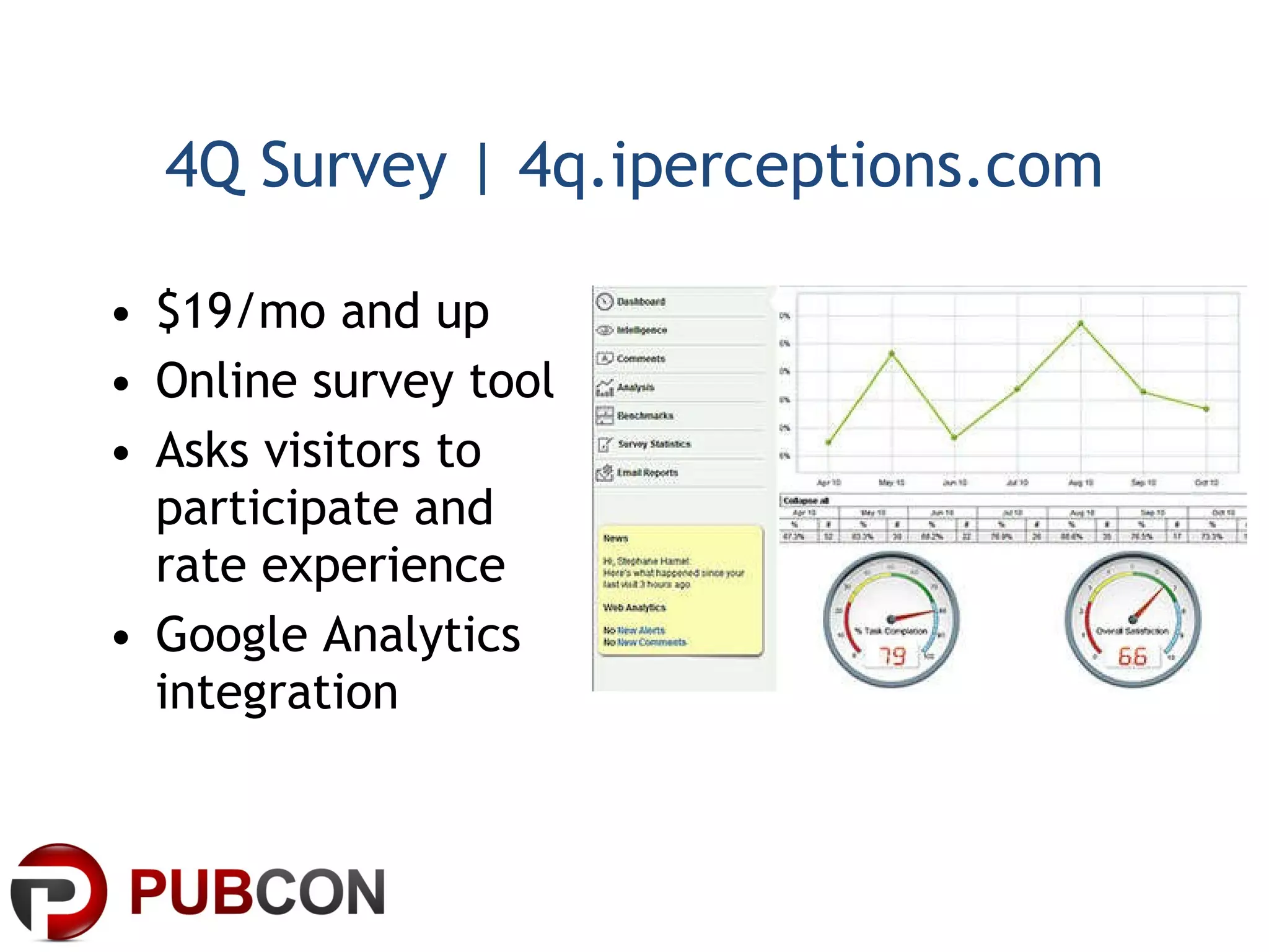 4Q Survey | 4q.iperceptions.com $19/mo and up Online survey tool Asks visitors to participate and rate experience Google Analytics integration 