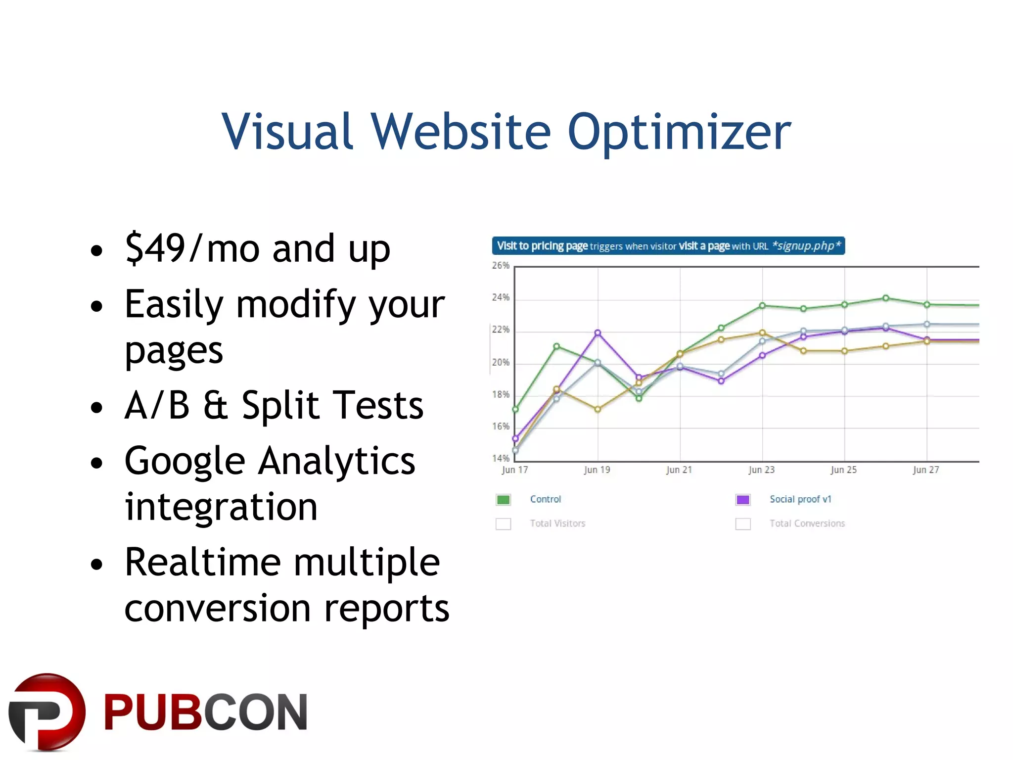 Visual Website Optimizer $49/mo and up Easily modify your pages A/B & Split Tests Google Analytics integration Realtime multiple conversion reports 