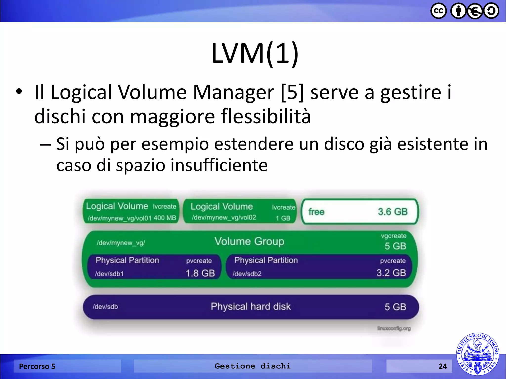 LVM(1) 
Percorso 5 
Gestione dischi 
24 
•Il Logical Volume Manager [5] serve a gestire i dischi con maggiore flessibilità 
–Si può per esempio estendere un disco già esistente in caso di spazio insufficiente  