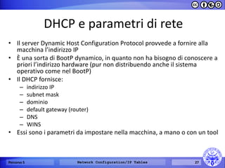 DHCP e parametri di rete 
•Il server Dynamic Host Configuration Protocol provvede a fornire alla macchina l’indirizzo IP 
•È una sorta di BootP dynamico, in quanto non ha bisogno di conoscere a priori l’indirizzo hardware (pur non distribuendo anche il sistema operativo come nel BootP) 
•Il DHCP fornisce: 
–indirizzo IP 
–subnet mask 
–dominio 
–default gateway (router) 
–DNS 
–WINS 
•Essi sono i parametri da impostare nella macchina, a mano o con un tool 
Percorso 5 
Network Configuration/IP Tables 
27  