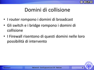 Domini di collisione 
•I router rompono i domini di broadcast 
•Gli switch e i bridge rompono i domini di collisione 
•I Firewall risentono di questi domini nelle loro possibilità di intervento 
Percorso 5 
Network Configuration/IP Tables 
8  