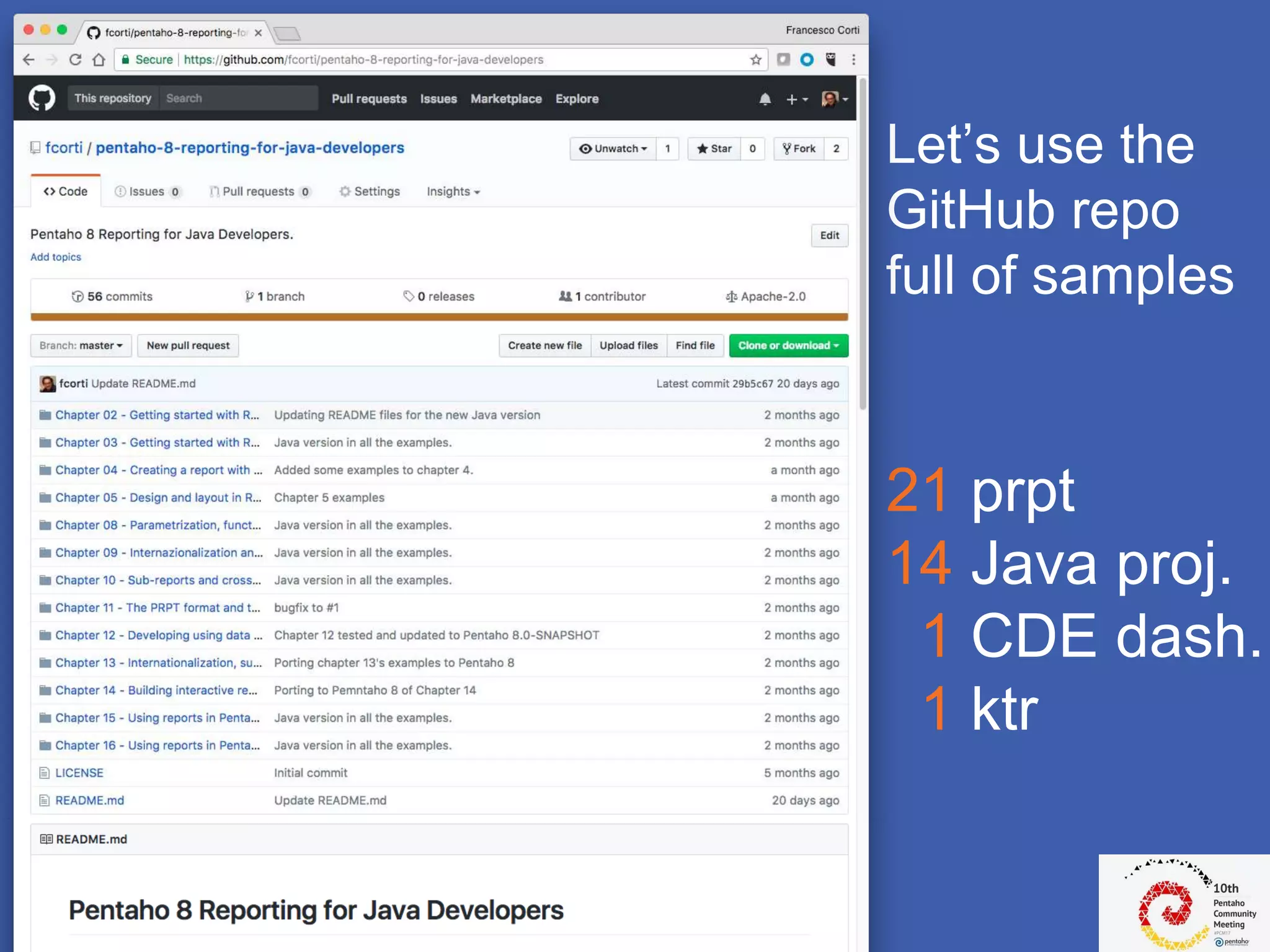 Let’s use the
GitHub repo
full of samples
21 prpt
14 Java proj.
1 CDE dash.
1 ktr
 