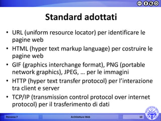 Standard adottati 
•URL (uniform resource locator) per identificare le pagine web 
•HTML (hyper text markup language) per costruire le pagine web 
•GIF (graphics interchange format), PNG (portable network graphics), JPEG, … per le immagini 
•HTTP (hyper text transfer protocol) per l’interazione tra client e server 
•TCP/IP (transmission control protocol over internet protocol) per il trasferimento di dati 
Percorso 7 
Architetture Web 
10  
