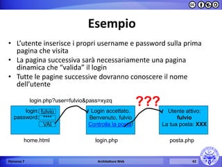 login: 
password: 
fulvio 
**** 
Login accettato. Benvenuto, fulvio Controlla la posta! 
home.html 
login.php 
VAI 
Utente attivo: fulvio La tua posta: XXX 
posta.php 
login.php?user=fulvio&pass=xyzq 
??? 
Esempio 
•L’utente inserisce i propri username e password sulla prima pagina che visita 
•La pagina successiva sarà necessariamente una pagina dinamica che “valida” il login 
•Tutte le pagine successive dovranno conoscere il nome dell’utente 
Percorso 7 
Architetture Web 
42  