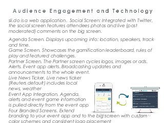 41
sli.do is a web application. Social Screen: Integrated with Twitter,
the social screen features attendees photos and li...