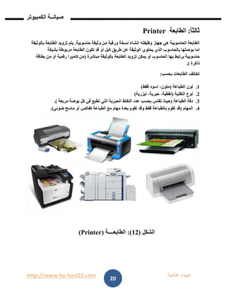 Http://www.ho.host22.com ‫عنان‬ ‫عبيده‬‫ب‬‫ة‬
‫صيان‬‫ــ‬‫الكمبيوتر‬ ‫ة‬
20
ً‫ا‬‫ثالث‬:‫الطابعة‬Printer
‫الحاسوبية‬ ‫الطابعة‬‫حاسوبية‬ ‫وثيقة‬ ‫من‬ ‫ورقية‬ ‫نسخة‬ ‫إنشاء‬ ‫وظيفته‬ ‫جهاز‬ ‫هي‬.‫بالوثيقة‬ ‫الطابعة‬ ‫تزويد‬ ‫يتم‬
‫بوصلها‬ ‫إما‬‫بالحاسوب‬‫مربوطة‬ ‫الطابعة‬ ‫تكون‬ ‫قد‬ ‫أو‬ ‫كبل‬ ‫طريق‬ ‫عن‬ ‫الوثيقة‬ ‫يحتوي‬ ‫الذي‬‫بشبكة‬
‫حاسوبية‬‫بها‬ ‫برتبط‬‫الحاسوب‬‫تزوي‬ ‫يمكن‬ ‫أو‬‫مباشرة‬ ‫بالوثيقة‬ ‫الطابعة‬ ‫د‬(‫من‬‫رقمية‬ ‫كاميرا‬‫من‬ ‫أو‬‫بطاقة‬
‫ذاكرة‬.)
‫بحسب‬ ‫الطابعات‬ ‫تختلف‬:
0.‫الطباعة‬ ‫لون‬(‫فقط‬ ‫اسود‬ ،‫ملون‬)
1.‫التقنية‬ ‫نوع‬(‫ليزرية‬ ،‫حبرية‬ ،‫نقطية‬)
1.‫الطباعة‬ ‫دقة‬(‫الحب‬ ‫النقاط‬ ‫عدد‬ ‫بحسب‬ ‫تقاس‬ ‫حيث‬‫مربعة‬ ‫بوصة‬ ‫كل‬ ‫في‬ ‫تطبع‬ ‫التي‬ ‫رية‬.)
1.‫المهام‬(‫وقد‬ ‫فقط‬ ‫بالطباعة‬ ‫تقوم‬ ‫قد‬‫ضوئي‬ ‫ماسح‬ ‫أو‬ ‫كفاكس‬ ‫الطباعة‬ ‫مع‬ ‫مهام‬ ‫بعدة‬ ‫تقوم‬.)
‫الشكل‬(12:)‫الطابعــــة‬(Printer)
 