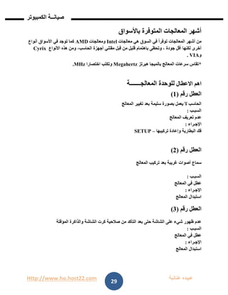 Http://www.ho.host22.com ‫عنان‬ ‫عبيده‬‫ب‬‫ة‬
‫صيان‬‫ــ‬‫الكمبيوتر‬ ‫ة‬
29
‫المعالجات‬ ‫أشهر‬‫المتوفرة‬‫باألسواق‬
ً‫ا‬‫توفر‬ ‫المعالجات‬ ‫أشهر‬ ‫من‬‫معالجات‬ ‫هي‬ ‫السوق‬ ‫في‬Intel‫ومعالجات‬AMD‫أنواع‬ ‫األسواق‬ ‫في‬ ‫توجد‬ ‫كما‬
‫جودة‬ ‫أقل‬ ‫لكنها‬ ‫أخرى‬‫أجهزة‬ ‫مقتني‬ ‫قبل‬ ‫من‬ ‫قليل‬ ‫باهتمام‬ ‫وتحظى‬ ،‫األنواع‬ ‫هذه‬ ‫ومن‬ ،‫الحاسب‬Cyrix
‫و‬VIA.
*‫هيرتز‬ ‫بالميجا‬ ‫المعالج‬ ‫سرعات‬ ‫تقاس‬Megahertz‫اختصارا‬ ‫وتكتب‬MHz.
‫االعطال‬ ‫اهم‬‫المعالجـــــــة‬ ‫للوحدة‬
‫العطل‬‫رقم‬(0)
‫الحاسب‬‫ال‬‫يعمل‬‫بصورة‬‫سليمة‬‫بعد‬‫تغيير‬‫المعالج‬
‫السبـب‬:
‫عدم‬‫تعريف‬‫المعالج‬
‫اإلجـراء‬:
‫فك‬‫البطارية‬‫وإعادة‬‫تركيبها‬–SETUP
‫العطل‬‫رقم‬(1)
‫سماع‬‫أصوات‬‫غريبة‬‫بعد‬‫تركيب‬‫المعالج‬
‫السبـب‬:
‫عطل‬‫في‬‫المعالج‬
‫اإلجـراء‬:
‫استبدال‬‫المعالج‬
‫العطل‬‫رقم‬(1)
‫عدم‬‫ظهور‬‫شيء‬‫على‬‫الشاشة‬‫حتى‬‫بعد‬‫التأكد‬‫من‬‫صالحية‬‫كرت‬‫الشاشة‬‫والذاكرة‬‫المؤقتة‬
‫السبـب‬:
‫عطل‬‫في‬‫المعالج‬
‫اإلجـراء‬:
‫استبدال‬‫المعالج‬
 