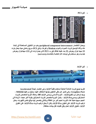 Http://www.ho.host22.com ‫عنان‬ ‫عبيده‬‫ب‬‫ة‬
‫صيان‬‫ــ‬‫الكمبيوتر‬ ‫ة‬
46
‫شق‬PCI
‫االختصار‬ ‫ويحمل‬peripheral component interconnect‫أيامنا‬ ‫في‬ ‫المستعملة‬ ‫الشقوق‬ ‫من‬ ‫وهو‬
‫والمودم‬ ‫الصوت‬ ‫كروت‬ ‫لتوصيل‬ ‫وذلك‬ ‫هذه‬Modem‫وشق‬ ،‫وغيرها‬PCI‫بتردد‬ ‫يعمل‬ ‫حيث‬ ‫وعملي‬ ‫سريع‬
11‫وبعرض‬ ‫هرتز‬ ‫ميجا‬11‫شق‬ ‫هنالك‬ ‫طبعا‬ ،‫بت‬x-PCI‫إلى‬ ‫تردده‬ ‫يصل‬ ‫الذي‬011‫وبعرض‬ ‫ميجاهرتز‬
61‫بالخادمات‬ ‫الخاصة‬ ‫األم‬ ‫لوحات‬ ‫في‬ ‫مستخدم‬ ‫وهو‬ ‫بت‬(servers).
‫شق‬AGP
‫تقنية‬ ‫تستخدم‬ ‫الحالية‬ ‫الشاشة‬ ‫كروت‬ ‫جميع‬ ‫تقريبا‬AGP‫لجملة‬ ‫اختصار‬ ‫وهي‬Accelerated
Graphics Port‫سرعتها‬ ‫وتبلغ‬ ،‫عنها‬ ‫المختلف‬ ‫بلونها‬ ‫الشقوق‬ ‫باقي‬ ‫عن‬ ‫تتميز‬ ‫وهي‬ ،66MHZ،
‫شقوق‬ ‫من‬ ‫نوعان‬ ‫يوجد‬AGP،‫ويسمى‬ ‫األساسي‬ ‫النوع‬AGP‫لكروت‬ ‫المخصص‬ ‫النوع‬ ‫وهناك‬ ،‫فقط‬
‫ويسمى‬ ‫المحترفين‬Pro-AGP‫في‬ ‫الزيادة‬ ،‫حجما‬ ‫أكبر‬ ‫بكونه‬ ‫المحترفين‬ ‫لكروت‬ ‫المخصص‬ ‫النوع‬ ‫يتميز‬ ،
‫يمكن‬ ،‫للكهرباء‬ ‫خاص‬ ‫موقع‬ ‫لها‬ ‫يخصص‬ ‫وبالتالي‬ ‫الطاقة‬ ‫من‬ ‫أكبر‬ ‫لحجم‬ ‫الكروت‬ ‫هذه‬ ‫حاجة‬ ‫سببها‬ ‫الحجم‬
‫كروت‬ ‫تركيب‬AGP‫شقوق‬ ‫على‬Pro-AGP‫كروت‬ ‫تركيب‬ ‫يمكن‬ ‫ال‬ ‫ولكن‬Pro-AGP‫شقوق‬ ‫على‬
AGP‫شقوق‬ ،AGP‫مختلفة‬ ‫بيانات‬ ‫نقل‬ ‫تقنيات‬ ‫وفق‬ ‫تعمل‬:
 