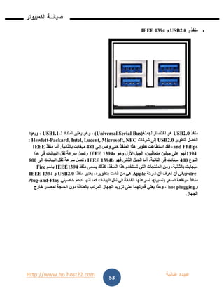 Http://www.ho.host22.com ‫عنان‬ ‫عبيده‬‫ب‬‫ة‬
‫صيان‬‫ــ‬‫الكمبيوتر‬ ‫ة‬
53
‫منفذي‬USB2.0‫و‬IEEE 1394
‫منفذ‬USB2.0‫لجملة‬ ‫اختصار‬ ‫هو‬(Universal Serial Bus)‫لــ‬ ‫امتداد‬ ‫يعتبر‬ ‫وهو‬ ،USB1.1‫ويعود‬ ،
‫لتطوير‬ ‫الفضل‬USB2.0‫شركات‬ ‫إلى‬Packard, Intel, Lucent, Microsoft, NEC-: Hewlett
and Philips‫إلى‬ ‫وصل‬ ‫حتى‬ ‫المنفذ‬ ‫هذا‬ ‫تطوير‬ ‫استطاعت‬ ‫فقد‬ ،181‫بالثانية‬ ‫ميغابت‬.‫منفذ‬ ‫أما‬IEEE
1394‫وهو‬ ‫األول‬ ‫الجيل‬ ،‫متعاقبين‬ ‫جيلين‬ ‫على‬ ‫فهو‬IEEE 1394a‫هذا‬ ‫في‬ ‫البيانات‬ ‫نقل‬ ‫سرعة‬ ‫وتصل‬
‫النوع‬111‫فهو‬ ‫الثاني‬ ‫الجيل‬ ‫أما‬ ،‫الثانية‬ ‫في‬ ‫ميغابت‬IEEE 1394b‫إلى‬ ‫البيانات‬ ‫نقل‬ ‫سرعة‬ ‫وتصل‬811
‫منفذ‬ ‫يسمى‬ ‫كذلك‬ ،‫المنفذ‬ ‫هذا‬ ‫تستخدم‬ ‫التي‬ ‫المنتجات‬ ‫ومن‬ ،‫بالثانية‬ ‫ميجابت‬1394IEEE‫باسم‬Fire
wire‫شركة‬ ‫أن‬ ‫نعرف‬ ‫أن‬ ‫وبقي‬Apple‫منفذا‬ ‫يعتبر‬ ،‫بتطويره‬ ‫قامت‬ ‫من‬ ‫هي‬USB2.0‫و‬IEEE 1394
‫السعر‬ ‫مرتفعة‬ ‫منافذ‬(‫نسبيا‬)‫لسرعتها‬ ،‫خاصيتي‬ ‫تدعم‬ ‫أنها‬ ‫كما‬ ‫البيانات‬ ‫نقل‬ ‫في‬ ‫الفائقة‬Play-and-Plug
‫و‬hot plugging‫خارج‬ ‫لمصدر‬ ‫الحاجة‬ ‫دون‬ ‫بالطاقة‬ ‫المركب‬ ‫الجهاز‬ ‫تزويد‬ ‫على‬ ‫قدرتهما‬ ‫يعني‬ ‫وهذا‬ ،
‫الجهاز‬.
 