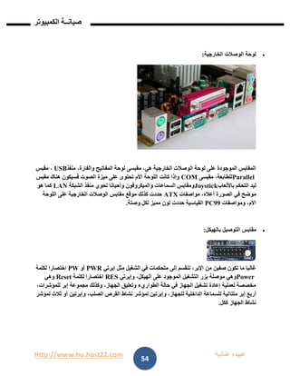 Http://www.ho.host22.com ‫عنان‬ ‫عبيده‬‫ب‬‫ة‬
‫صيان‬‫ــ‬‫الكمبيوتر‬ ‫ة‬
54
‫الخارجية‬ ‫الوصالت‬ ‫لوحة‬:
‫المفاتيح‬ ‫لوحة‬ ‫مقبسى‬ ،‫هي‬ ‫الخارجية‬ ‫الوصالت‬ ‫لوحة‬ ‫على‬ ‫الموجودة‬ ‫المقابس‬‫منفذ‬ ،‫والفارة‬USB‫مقبس‬ ،
Parallel‫مقبسى‬ ،‫للطابعة‬COM‫مقبس‬ ‫هناك‬ ‫فسيكون‬ ‫الصوت‬ ‫ميزة‬ ‫على‬ ‫تحتوى‬ ‫األم‬ ‫اللوحة‬ ‫كانت‬ ‫وإذا‬
‫التحكم‬ ‫ليد‬‫باأللعاب‬Joystick‫الشبكة‬ ‫منفذ‬ ‫تحوي‬ ‫وأحيانا‬ ‫والميكروفون‬ ‫السماعات‬ ‫ومقابس‬LAN‫هو‬ ‫كما‬
‫مواصفات‬ ،‫أعاله‬ ‫الصورة‬ ‫في‬ ‫موضح‬ATX‫اللوحة‬ ‫على‬ ‫الخارجية‬ ‫الوصالت‬ ‫مقابس‬ ‫موقع‬ ‫كذلك‬ ‫حددت‬
‫ومواصفات‬ ،‫األم‬PC99‫وصلة‬ ‫لكل‬ ‫مميز‬ ‫لون‬ ‫حددت‬ ‫القياسية‬.
‫بالهيكل‬ ‫التوصيل‬ ‫مقابس‬:
‫من‬ ‫صفين‬ ‫تكون‬ ‫ما‬ ‫غالبا‬‫إبرتي‬ ‫مثل‬ ‫الشغيل‬ ‫في‬ ‫متحكمات‬ ‫إلى‬ ‫تنقسم‬ ،‫اإلبر‬PWR‫أو‬PW‫لكلمة‬ ‫اختصارا‬
Power‫وإبرتي‬ ،‫الهيكل‬ ‫على‬ ‫الموجود‬ ‫التشغيل‬ ‫بزر‬ ‫موصلة‬ ‫وهي‬RES‫لكلمة‬ ‫اختصارا‬Reset‫وهي‬
،‫للمؤشرات‬ ‫إبر‬ ‫مجموعة‬ ‫وكذلك‬ ،‫الجهاز‬ ‫وتعليق‬ ‫الطواريء‬ ‫حالة‬ ‫في‬ ‫الجهاز‬ ‫تشغيل‬ ‫إعادة‬ ‫لعملية‬ ‫مخصصة‬
‫متتا‬ ‫إبر‬ ‫أربع‬‫لمؤشر‬ ‫ثالث‬ ‫أو‬ ‫وإبرتين‬ ،‫الصلب‬ ‫القرص‬ ‫نشاط‬ ‫لمؤشر‬ ‫وإبرتين‬ ،‫للجهاز‬ ‫الداخلية‬ ‫للسماعة‬ ‫لية‬
‫ككل‬ ‫الجهاز‬ ‫نشاط‬.
 