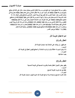Http://www.ho.host22.com ‫عنان‬ ‫عبيده‬‫ب‬‫ة‬
‫صيان‬‫ــ‬‫الكمبيوتر‬ ‫ة‬
58
‫عبارة‬ ‫المعالج‬ ‫سرعة‬ ‫وتكون‬‫معالج‬ ‫فان‬ ‫ذلك‬ ‫على‬ ‫مثال‬ ،‫محدد‬ ‫بمعامل‬ ‫األمامي‬ ‫الناقل‬ ‫سرعة‬ ‫ضرب‬ ‫ناتج‬ ‫عن‬
‫بنتيوم‬1‫بسرعة‬1111MHZ‫تعادل‬ ‫والتي‬ ‫األمامي‬ ‫الناقل‬ ‫سرعة‬ ‫عن‬ ‫عبارة‬ ‫هو‬111MHz‫في‬ ‫مضروبة‬
‫الضرب‬ ‫معامل‬06.‫إذا‬ ،‫لذا‬ ،‫الوقت‬ ‫بنفس‬ ‫والمعالج‬ ‫الشمالي‬ ‫الجسر‬ ‫شريحة‬ ‫بها‬ ‫تقوم‬ ‫هذه‬ ‫الضرب‬ ‫عملية‬
‫الشريح‬ ‫كانت‬‫ضرب‬ ‫معامل‬ ‫تدعم‬ ‫ال‬ ‫ة‬06‫أمامي‬ ‫ناقل‬ ‫سرعة‬ ‫تدعم‬ ‫ال‬ ‫أنها‬ ‫أو‬111MHZ‫تستطيع‬ ‫لن‬ ‫فانك‬
‫معالج‬ ‫تشغيل‬1111MHZ‫اللوحة‬ ‫هذه‬ ‫على‬.‫الشاشة‬ ‫كرت‬AGP‫ناقل‬ ‫سرعة‬ ‫على‬ ‫يعمل‬66MHZ،
‫سرعات‬ ‫من‬ ‫األمامي‬ ‫الناقل‬ ‫سرعة‬ ‫لتقليل‬011MHZ‫و‬011MHZ‫الجسر‬ ‫شريحة‬ ‫فان‬ ،‫السرعة‬ ‫هذه‬ ‫إلى‬
‫بعم‬ ‫تقوم‬ ‫الشمالي‬‫قسمة‬ ‫لية‬Divider‫تعادل‬⅓‫لسرعات‬011MHZ‫ومعامل‬½‫لسرعات‬011MHZ،
‫ومعامل‬⅓‫لسرعات‬111MHZ‫بنتيوم‬ ‫لمعالج‬ ‫مثالنا‬11111MHZ‫تعادل‬ ‫قسمة‬ ‫بعملية‬ ‫يمر‬
(111MHz * ⅓)‫الكسر‬ ‫جبر‬ ‫مع‬.
‫االعطال‬ ‫اهم‬‫م‬ُ‫ال‬‫ا‬ ‫اللوحة‬
‫العطل‬‫رقم‬(0)
‫عدم‬‫ظهور‬‫أي‬‫بيانات‬‫على‬‫الشاشة‬‫بعد‬‫استبدال‬‫اللوحة‬‫األم‬
‫السبـب‬:
‫إذا‬‫لم‬‫يكن‬‫السبب‬‫له‬‫عالقة‬‫بالرام‬‫أو‬‫كرت‬‫الشاشة‬‫أو‬‫المعالج‬‫فيكون‬‫العطل‬‫في‬‫اللوحة‬‫األم‬
‫اإلجـراء‬:
‫يجب‬‫استبدالها‬
‫العطل‬‫رقم‬(1)
‫يظهر‬‫بعض‬‫األحيان‬‫أعطال‬‫خاصة‬‫بالكروت‬‫المدمجة‬‫في‬‫اللوحة‬‫المدمجة‬
‫السبـب‬:
‫عطل‬‫في‬‫أحد‬‫كروت‬‫اللوحة‬‫المدمج‬
‫اإلجـراء‬:
‫إلغاء‬‫الكرت‬‫المدمج‬‫واستبداله‬‫وإذا‬‫لم‬‫تتح‬‫اللوحة‬‫هذه‬‫الميزة‬‫فيجب‬‫استبدال‬‫اللوحة‬‫األم‬
 