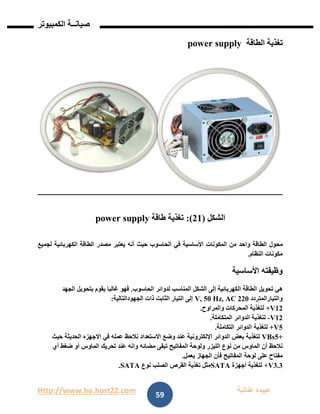 Http://www.ho.host22.com ‫عنان‬ ‫عبيده‬‫ب‬‫ة‬
‫صيان‬‫ــ‬‫الكمبيوتر‬ ‫ة‬
59
‫تغذية‬‫ال‬‫طاقة‬power supply
‫الشكل‬(10:)‫تغذية‬‫طاقة‬power supply
‫محول‬‫الطاقة‬‫واحد‬‫من‬‫المكونات‬‫األساسية‬‫في‬‫الحاسوب‬‫حيث‬‫أنه‬‫يعتبر‬‫مصدر‬‫الطاقة‬‫الكهربائية‬‫لجميع‬
‫مكونات‬‫النظام‬.
‫وظيفته‬‫األساسية‬
‫هي‬‫تحويل‬‫الطاقة‬‫الكهربائية‬‫إلى‬‫الشكل‬‫المناسب‬‫لدوائر‬‫الحاسوب‬.‫فهو‬‫غالبا‬‫يقوم‬‫بتحويل‬‫الجهد‬
‫والتيارالمتردد‬111V, 50 Hz, AC‫إلى‬‫التيار‬‫الثابت‬‫ذات‬‫الجهودالتالية‬:
01V+‫لتغذية‬‫المحركات‬‫والمراوح‬.
01V-‫لتغذية‬‫الدوائر‬‫المتكاملة‬.
2V+‫لتغذية‬‫الدوائر‬‫التكاملة‬.
+2VBs‫لتغذية‬‫بعض‬‫الدوائر‬‫اإللكترونية‬‫عند‬‫وضع‬‫االستعداد‬‫نالحظ‬‫عمله‬‫في‬‫االجهزه‬‫الحديثة‬‫حيث‬
‫نالحظ‬‫أن‬‫الماوس‬‫من‬‫نوع‬‫الليزر‬‫ولوحة‬‫المفاتيح‬‫تبقى‬‫مضائه‬‫وانه‬‫عند‬‫تحريك‬‫الماوس‬‫أو‬‫ضغط‬‫أي‬
‫مفتاح‬‫على‬‫لوحة‬‫المفاتيح‬‫فأن‬‫الجهاز‬‫يعمل‬.
1.1V+‫لتغذية‬‫أجهزة‬SATA‫مثل‬‫تغذية‬‫القرص‬‫الصلب‬‫نوع‬SATA.
 
