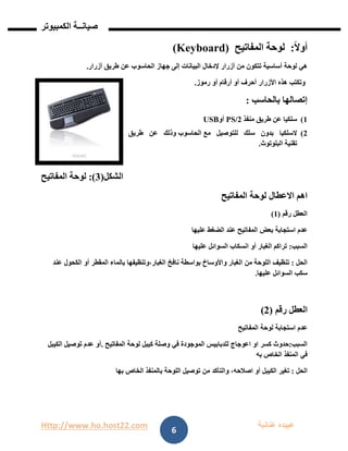 Http://www.ho.host22.com ‫عنان‬ ‫عبيده‬‫ب‬‫ة‬
‫صيان‬‫ــ‬‫الكمبيوتر‬ ‫ة‬
6
ً‫ال‬‫أو‬:‫المفاتيح‬ ‫لوحة‬Keyboard))
‫إلدخال‬ ‫أزرار‬ ‫من‬ ‫تتكون‬ ‫أساسية‬ ‫لوحة‬ ‫هي‬‫البيانات‬‫جهاز‬ ‫إلى‬‫الحاسوب‬‫أزرار‬ ‫طريق‬ ‫عن‬.
‫أحرف‬ ‫األزرار‬ ‫هذه‬ ‫وتكتب‬‫رموز‬ ‫أو‬ ‫أرقام‬ ‫أو‬.
‫بالحاسب‬ ‫إتصالها‬:
0)‫منفذ‬ ‫طريق‬ ‫عن‬ ‫سلكيا‬PS/2‫أو‬USB
1)‫مع‬ ‫للتوصيل‬ ‫سلك‬ ‫بدون‬ ‫السلكيا‬‫الحاسوب‬‫طريق‬ ‫عن‬ ‫وذلك‬
‫تقنية‬‫البلوتوث‬.
‫الشكل‬(1:)‫الم‬ ‫لوحة‬‫فاتيح‬
‫االعطال‬ ‫اهم‬‫المفاتيح‬ ‫لوحة‬
‫العطل‬‫رقم‬(0)
‫عدم‬‫استجابة‬‫بعض‬‫المفاتيح‬‫عند‬‫الضغط‬‫عليها‬
‫السبب‬:‫تراكم‬‫الغبار‬‫أو‬‫انسكاب‬‫السوائل‬‫عليها‬
‫الحل‬:‫تنظيف‬‫اللوحة‬‫من‬‫الغبار‬‫واألوساخ‬‫بواسطة‬‫نافخ‬‫الغبار،وتنظيفها‬‫بالماء‬‫المقطر‬‫أو‬‫الكحول‬‫عند‬
‫سكب‬‫السوائل‬‫عليها‬.
‫العطل‬‫رقم‬(1)
‫عدم‬‫استجابة‬‫لوحة‬‫المفاتيح‬
‫السبب‬:‫حدوث‬‫كسر‬‫او‬‫اعوجاج‬‫للدبابيس‬‫الموجودة‬‫في‬‫وصلة‬‫كيبل‬‫لوحة‬‫المفاتيح‬.‫أو‬‫عدم‬‫توصيل‬‫الكيبل‬
‫في‬‫المنفذ‬‫الخاص‬‫به‬
‫الحل‬:‫تغير‬‫الكيبل‬‫أو‬،‫اصالحه‬‫والتأكد‬‫من‬‫توصيل‬‫اللوحة‬‫بالمنفذ‬‫الخاص‬‫بها‬
 