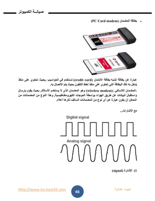 Http://www.ho.host22.com ‫عنان‬ ‫عبيده‬‫ب‬‫ة‬
‫صيان‬‫ــ‬‫الكمبيوتر‬ ‫ة‬
66
‫المضمان‬ ‫بطاقة‬(PC Card modem)
‫تشبه‬ ‫بطاقة‬ ‫عن‬ ‫عبارة‬‫االئتمان‬ ‫بطاقة‬(credit card)‫في‬ ‫تستخدم‬‫الحواسيب‬,‫منفذ‬ ‫على‬ ‫تحتوي‬ ‫بحيث‬
‫منفذ‬ ‫على‬ ‫تحتوي‬ ‫التي‬ ‫البطاقة‬ ‫تلك‬ ‫به‬ ‫دخل‬ُ‫ي‬‫به‬ ‫االتصال‬ ‫يتم‬ ‫بحيث‬ ‫التلفون‬ ‫لخط‬.
-‫الالسلكي‬ ‫المضمان‬(wireless modem):‫يستخدم‬ ‫ال‬ ‫الذي‬ ‫المضمان‬ ‫وهو‬‫األسالك‬,‫بإرسال‬ ‫يقوم‬ ‫بحيث‬
‫الكهرومغناطيسية‬ ‫الموجات‬ ‫بواسطة‬ ‫الهواء‬ ‫طريق‬ ‫عن‬ ‫البيانات‬ ‫واستقبال‬,‫من‬ ‫المضمانات‬ ‫من‬ ‫النوع‬ ‫وهذا‬
‫أعاله‬ ‫ذكرها‬ ‫السالف‬ ‫المضمانات‬ ‫من‬ ‫نوع‬ ‫أي‬ ‫عن‬ ‫عبارة‬ ‫يكون‬ ‫أن‬ ‫الممكن‬.
‫اإلشارات‬ ‫مع‬...
0)‫اإلشارة‬(signal)
 