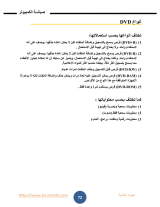 Http://www.ho.host22.com ‫عنان‬ ‫عبيده‬‫ب‬‫ة‬
‫صيان‬‫ــ‬‫الكمبيوتر‬ ‫ة‬
72
‫أنواع‬DVD
‫استعماالتها‬ ‫بحسب‬ ‫أنواعها‬ ‫تختلف‬:
0)(R+DVD)‫أنه‬ ‫على‬ ‫يوصف‬ ،‫حذفها‬ ‫إعادة‬ ‫يمكن‬ ‫ال‬ ‫لكن‬ ‫الملفات‬ ‫وإضافة‬ ‫بالتسجيل‬ ‫يسمح‬ ‫قرص‬
‫االستعمال‬ ‫قبل‬ ‫تهيئة‬ ‫إلى‬ ‫يحتاج‬ ‫وال‬ ،‫واحد‬ ‫الستخدام‬.
1)(R-DVD)‫يسمح‬ ‫قرص‬‫أنه‬ ‫على‬ ‫يوصف‬ ،‫حذفها‬ ‫إعادة‬ ‫يمكن‬ ‫ال‬ ‫لكن‬ ‫الملفات‬ ‫وإضافة‬ ‫بالتسجيل‬
‫ويتم‬ ،‫االستعمال‬ ‫قبل‬ ‫تهيئة‬ ‫إلى‬ ‫يحتاج‬ ‫ولكنه‬ ،‫واحد‬ ‫الستخدام‬‫ي‬‫األخطاء‬ ‫تجاوز‬ ‫إمكانه‬ ‫له‬ ‫أن‬ ‫سابقه‬ ‫عن‬ ‫ز‬
‫اإلعالمية‬ ‫للمواد‬ ‫أكثر‬ ‫مناسبا‬ ‫يجعله‬ ،‫دقة‬ ‫أكثر‬ ‫بتسجيل‬ ‫يسمح‬ ‫مما‬.
1)(RW-DVD)‫وحذف‬ ‫للتسجيل‬ ‫قابل‬ ‫قرص‬‫عديدة‬ ‫لمرات‬ ‫الملفات‬.
1)(RAM-DVD)‫إال‬ ‫يدعم‬ ‫ال‬ ‫لكنه‬ ‫الملفات‬ ‫وإضافة‬ ‫حذف‬ ‫ويمكن‬ ‫مرات‬ ‫لعدة‬ ‫عليه‬ ‫التسجيل‬ ‫يمكن‬ ‫قرص‬
‫األقراص‬ ‫من‬ ‫النوع‬ ‫هذا‬ ‫مع‬ ‫المتوافقة‬ ‫األجهزة‬.
2)(ROM-DVD)‫فقط‬ ‫واحدة‬ ‫لمرة‬ ‫يستخدم‬ ‫قرص‬.
‫محتواياتها‬ ‫بحسب‬ ‫تختلف‬ ‫كما‬:
0)‫وبصرية‬ ‫سمعية‬ ‫محتويات‬(‫فيديو‬)
1)‫محتويات‬‫فقط‬ ‫سمعية‬(‫صوت‬)
1)‫رقمية‬ ‫محتويات‬(‫ألعاب‬ ،‫برامج‬ ،‫ملفات‬)
 