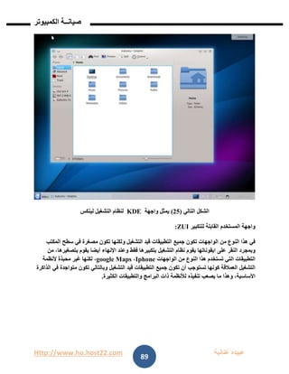 Http://www.ho.host22.com ‫عنان‬ ‫عبيده‬‫ب‬‫ة‬
‫صيان‬‫ــ‬‫الكمبيوتر‬ ‫ة‬
89
‫التالي‬ ‫الشكل‬(12)‫واجهة‬ ‫يمثل‬KDE‫لينكس‬ ‫التشغيل‬ ‫لنظام‬
‫واجهة‬‫المستخدم‬‫القابلة‬‫للتكبير‬ZUI:
‫في‬‫هذا‬‫النوع‬‫من‬‫الواجهات‬‫تكون‬‫جميع‬‫التطبيقات‬‫قيد‬‫التشغيل‬‫ولكنها‬‫تكون‬‫مصغرة‬‫في‬‫سطح‬‫المكتب‬
‫وبمجرد‬‫النقر‬‫على‬‫ايقوناتها‬‫يقوم‬‫نظام‬‫التشغيل‬‫بتكبيرها‬‫فقط‬‫وعند‬‫اإلنهاء‬‫أيضا‬‫يقوم‬،‫بتصغيرها‬‫من‬
‫التطبيقات‬‫التي‬‫تستخدم‬‫هذا‬‫النوع‬‫من‬‫الواجهات‬Iphone،google Maps،‫لكنها‬‫غير‬‫محبذة‬‫ألنظمة‬
‫التشغيل‬‫العمالقة‬‫كونها‬‫تستوجب‬‫أن‬‫تكون‬‫جميع‬‫التطبيقات‬‫قيد‬‫التشغيل‬‫وبالتالي‬‫تكون‬‫متواجدة‬‫في‬‫الذاكرة‬
،‫األساسية‬‫وهذا‬‫ما‬‫يصعب‬‫تنفيذه‬‫لألنظمة‬‫ذات‬‫البرامج‬‫والتطبيقات‬‫الكثيرة‬.
 
