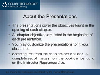 About the Presentations
• The presentations cover the objectives found in the
opening of each chapter.
• All chapter objectives are listed in the beginning of
each presentation.
• You may customize the presentations to fit your
class needs.
• Some figures from the chapters are included. A
complete set of images from the book can be found
on the Instructor Resources disc.
A+ Guide to Hardware modified by Dr. Feda AlShahwan
 