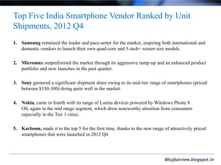 Bhujbalview.blogspot.in
Top Five India Smartphone Vendor Ranked by Unit
Shipments, 2012 Q4
1. Samsung remained the leader ...
