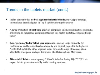 Bhujbalview.blogspot.in
Trends in the tablets market (cont.)
• Indian consumer has no bias against domestic brands; only A...