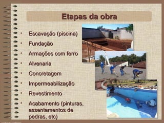 Escavação (piscina) Fundação Armações com ferro Alvenaria Concretagem Impermeabilização Revestimento Acabamento (pinturas, assentamentos de pedras, etc) Etapas da obra 