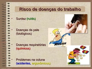 Surdez  (ruído) Doenças de pele (biológicos) Doenças respiratórias  (químicos) Problemas na coluna  (acidentes,  ergonômicos) Risco de doenças do trabalho 
