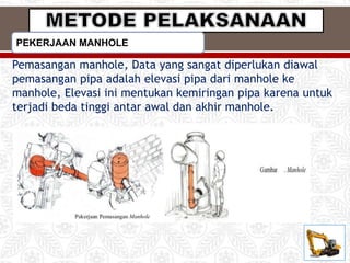 Pemasangan manhole, Data yang sangat diperlukan diawal
pemasangan pipa adalah elevasi pipa dari manhole ke
manhole, Elevasi ini mentukan kemiringan pipa karena untuk
terjadi beda tinggi antar awal dan akhir manhole.
PEKERJAAN MANHOLE
 