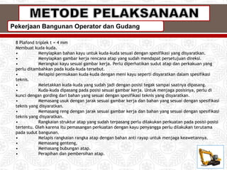 Pekerjaan Bangunan Operator dan Gudang
8 Plafond triplek t = 4 mm
Membuat kuda-kuda.
• Menyiapkan bahan kayu untuk kuda-kuda sesuai dengan spesifikasi yang disyaratkan.
• Menyiapkan gambar kerja rencana atap yang sudah mendapat persetujuan direksi.
• Merangkai kayu sesuai gambar kerja. Perlu diperhatikan sudut atap dan perkakuan yang
perlu ditambahkan pada kuda-kuda tersebut.
• Melapisi permukaan kuda-kuda dengan meni kayu seperti disyaratkan dalam spesifikasi
teknis.
• Meletakkan kuda-kuda yang sudah jadi dengan posisi tegak sampai saatnya dipasang.
• Kuda-kuda dipasang pada posisi sesuai gambar kerja. Untuk menjaga posisinya, perlu di
kunci dengan gording dari bahan yang sesuai dengan spesifikasi teknis yang disyaratkan.
• Memasang usuk dengan jarak sesuai gambar kerja dan bahan yang sesuai dengan spesifikasi
teknis yang disyaratkan.
• Memasang reng dengan jarak sesuai gambar kerja dan bahan yang sesuai dengan spesifikasi
teknis yang disyaratkan.
• Rangkaian struktur atap yang sudah terpasang perlu dilakukan perkuatan pada posisi-posisi
tertentu. Oleh karena itu pemasangan perkuatan dengan kayu penyangga perlu dilakukan terutama
pada sudut bangunan.
• Melapis rangkaian rangka atap dengan bahan anti rayap untuk menjaga keawetannya.
• Memasang genteng,
• Memasang bubungan atap.
• Perapihan dan pembersihan atap.
 
