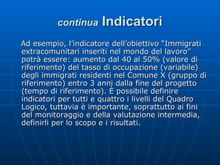 continua   Indicatori Ad esempio, l’indicatore dell’obiettivo “Immigrati extracomunitari inseriti nel mondo del lavoro” potrà essere: aumento dal 40 al 50% (valore di riferimento) del tasso di occupazione (variabile) degli immigrati residenti nel Comune X (gruppo di riferimento) entro 3 anni dalla fine del progetto (tempo di riferimento). È possibile definire indicatori per tutti e quattro i livelli del Quadro Logico, tuttavia è importante, soprattutto ai fini del monitoraggio e della valutazione intermedia, definirli per lo scopo e i risultati. 
