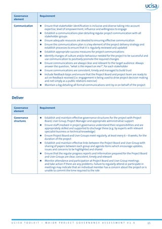 U C I S A T O O L K I T – M A J O R P R O J E C T G O V E R N A N C E A S S E S S M E N T V 1 . 0 15
Governance
element
Requirement
Communication zz Ensure that stakeholder identification is inclusive and diverse taking into account
expertise, level of empowerment, influence and willingness to engage
zz Establish a communications plan detailing regular project communication with all
stakeholder groups
zz Ensure adequate resources are devoted to ensuring effective communication
zz Ensure the communications plan is a key element of the project delivery strategy and
establish processes to ensure that it is regularly reviewed and updated
zz Establish appropriate success measures for project communications
zz Identify changes of culture and/or behaviour needed for the project to be successful and
use communication to positively promote the required changes
zz Ensure communications are always clear and relevant to the target audience. Always
answer the question, “what is the impact on me?”, for each stakeholder
zz Ensure communications are consistent, timely and managed to build trust
zz Include feedback loops and ensure that the Project Board and project team are ready to
act on feedback received (i.e. engagement is being used to drive project decision making
and not simply as a public relations exercise)
zz Maintain a log detailing all formal communications sent by or on behalf of the project
Deliver
Governance
element
Requirement
Governance
structures
zz Establish and maintain effective governance structures for the project with Project
Board, User Group, Project Manager and appropriate administrative support
zz Ensure staff involved in project governance understand their responsibilities and are
appropriately skilled and supported to discharge these (e.g. by experts with relevant
specialist business or technical knowledge)
zz Ensure Project Board and User Groups meet regularly, at least every 6 – 8 weeks, for the
duration of the project
zz Establish and maintain effective links between the Project Board and User Group with
sharing of papers between each group and agenda items which encourage updates,
issues and concerns to be highlighted and shared
zz Ensure that the regular progress reports and information prepared for the Project Board
and User Groups are clear, consistent, timely and relevant
zz Monitor attendance and participation at Project Board and User Group meetings
and take action if there are any problems. Failure to regularly attend or participate in
meetings may indicate that an individual member has a concern about the project or is
unable to commit the time required to the role
 