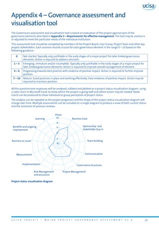 U C I S A T O O L K I T – M A J O R P R O J E C T G O V E R N A N C E A S S E S S M E N T V 1 . 0 20
Appendix 4 – Governance assessment and
visualisation tool
The Governance assessment and visualisation tool is based on evaluation of the project against each of the
governance elements described in Appendix 3 – Requirements for effective management. The tool may be used as is
or adjusted to meet the particular needs of the individual institution.
This assessment tool should be completed by members of the Project Board, User Group, Project Team and other key
project stakeholders. Each assessor records a score for each governance element in the range 0 – 10 based on the
following guidance:
0 Not started. Typically only justifiable in the early stages of a major project for later Embed governance
elements. Action is required to address omission.
1 – 3 Emerging, immature and/or incomplete. Typically only justifiable in the early stages of a major project for
later Embed governance elements. Action is required to improve overall management of element.
4 – 6 Progressing towards best practice with evidence of positive impact. Action is required to further improve
position.
7 – 10 Mature. Good practices in place and working effectively. Clear evidence of positive impact. Action may be
required to maintain position.
All the questionnaire responses will be analysed, collated and plotted on a project status visualisation diagram, using
a radar chart in Microsoft Excel, to show where the project is going well and where action may be needed. Radar
charts can be produced to show individual or group perception of project status.
The analysis can be repeated as the project progresses and the shape of the project status visualisation diagram will
change over time. Multiple assessments can be included on a single diagram to produce a view of both current status
and the outcomes of previous reviews.
Project status visualisation diagram
Learning
Measurement
Implementation
Project ManagementRisk Management
and assurance
Governance structures
Communication
Team building
Sponsorship and
stakeholder buy-in
Business Case
Vision
0
10
8
6
4
2
Benefits and ongoing
improvement
Business as usual
 