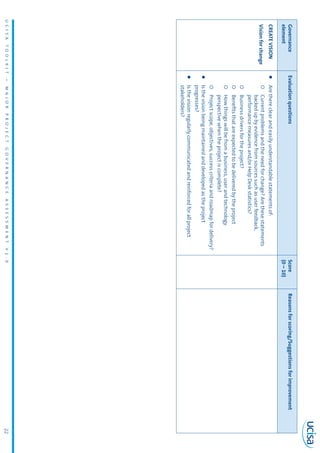UCISATOOLKIT–MAJORPROJECTGOVERNANCEASSESSMENTV1.022
Governance
element
EvaluationquestionsScore
(0–10)
Reasonsforscoring/Suggestionsforimprovement
CREATEVISION
Visionforchange
zzArethereclearandeasilyunderstandablestatementsof:
{{Currentproblemsandtheneedforchange?Arethesestatements
backedupbyevidencefromsourcessuchasuserfeedback,
performancemeasuresand/orHelpDeskstatistics?
{{Businessdriversfortheproject?
{{Benefitsthatareexpectedtobedeliveredbytheproject
{{Howthingswillbefromabusiness,userandtechnology
perspectivewhentheprojectiscomplete?
{{Projectscope,objectives,successcriteriaandroadmapfordelivery?
zzIsthevisionbeingmaintainedanddevelopedastheproject
progresses?
zzIsthevisionregularlycommunicatedandreinforcedforallproject
stakeholders?
 