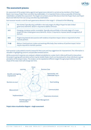U C I S A T O O L K I T – M A J O R P R O J E C T G O V E R N A N C E A S S E S S M E N T V 1 . 0 5
The assessment process
An assessment of the project status against each governance element is carried out by members of the Project
Board, User Group, Project Team and other key stakeholders. It is important that as many as possible of these key
stakeholders complete the assessment. The target is to achieve around 70% returns from the Project Team and Project
Board and 50% from the User Group and other key stakeholders.
Each assessor records a score for each governance element in the range 0 – 10 based on the following:
0 Not started. Typically only justifiable in the early stages of a Major Project for later Embed
governance elements. Action is required to address omission.
1–3 Emerging, immature and/or incomplete. Typically only justifiable in the early stages of a major
project for later Embed governance elements. Action is required to improve overall management of
element.
4–6 Progressing towards best practice with evidence of positive impact. Action is required to further
improve position.
7–10 Mature. Good practices in place and working effectively. Clear evidence of positive impact. Action
may be required to maintain position.
Each assessor is also asked to record a reason for their score and any suggestions for improvement. This information is
valuable in highlighting concerns and possible remedial actions.
All the assessment responses are analysed, collated and plotted on a radar chart in Microsoft Excel to show where
the project is going well and where action may be needed. Radar charts can be produced to show individual or group
perception of the project status. The analysis can be repeated at different stages through project delivery and the
shape of the radar chart will change over time.
Project status visualisation diagram – single assessment
Learning
Measurement
Implementation
Project ManagementRisk Management
and assurance
Governance structures
Communication
Team building
Sponsorship and
stakeholder buy-in
Business Case
Vision
0
10
8
6
4
2
Benefits and ongoing
improvement
Business as usual
 