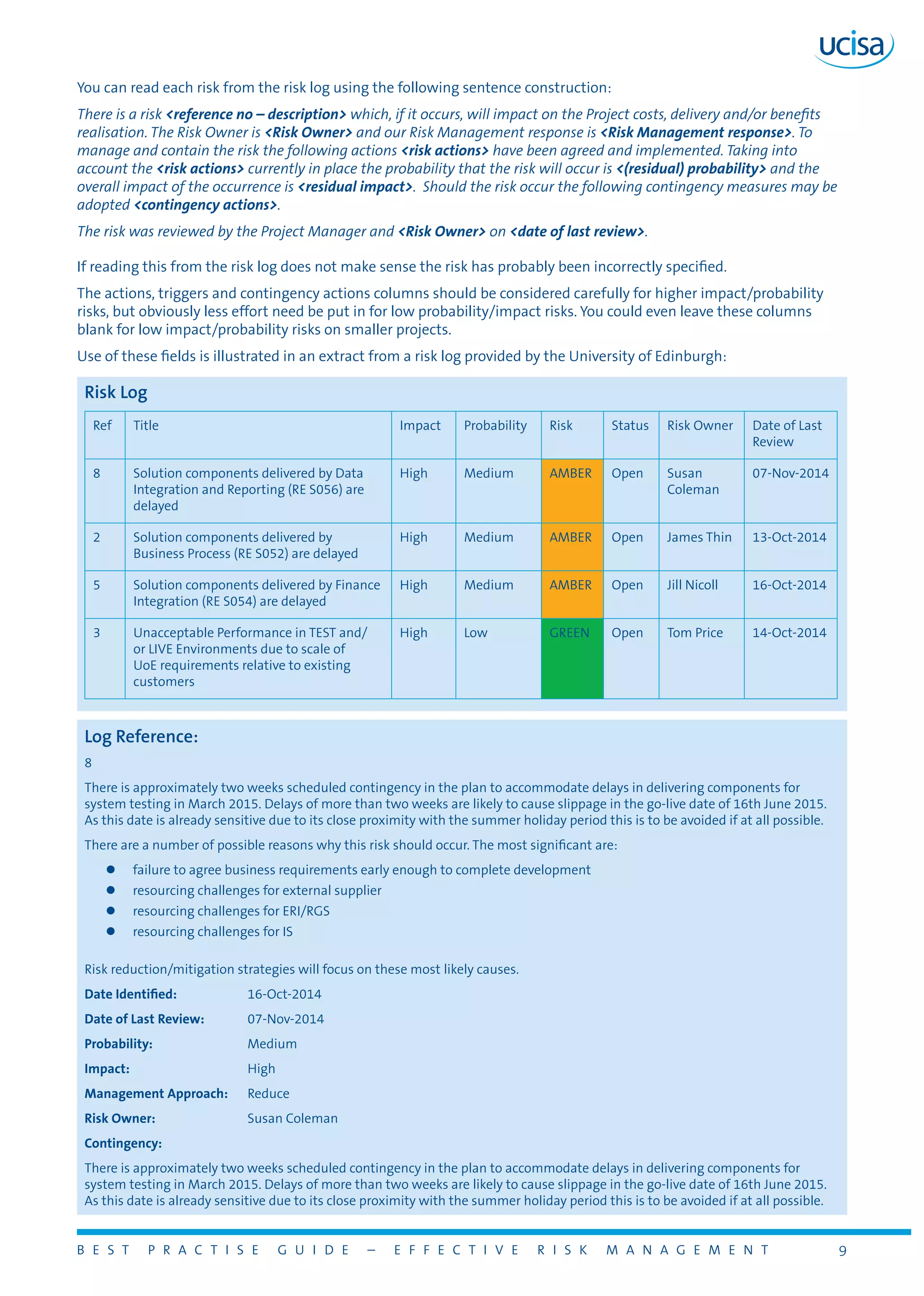 B E S T P R A C T I S E G U I D E – E F F E C T I V E R I S K M A N A G E M E N T 9
You can read each risk from the risk log using the following sentence construction:
There is a risk <reference no – description> which, if it occurs, will impact on the Project costs, delivery and/or benefits
realisation. The Risk Owner is <Risk Owner> and our Risk Management response is <Risk Management response>. To
manage and contain the risk the following actions <risk actions> have been agreed and implemented. Taking into
account the <risk actions> currently in place the probability that the risk will occur is <(residual) probability> and the
overall impact of the occurrence is <residual impact>. Should the risk occur the following contingency measures may be
adopted <contingency actions>.
The risk was reviewed by the Project Manager and <Risk Owner> on <date of last review>.
If reading this from the risk log does not make sense the risk has probably been incorrectly specified.
The actions, triggers and contingency actions columns should be considered carefully for higher impact/probability
risks, but obviously less effort need be put in for low probability/impact risks. You could even leave these columns
blank for low impact/probability risks on smaller projects.
Use of these fields is illustrated in an extract from a risk log provided by the University of Edinburgh:
Risk Log
Ref Title Impact Probability Risk Status Risk Owner Date of Last
Review
8 Solution components delivered by Data
Integration and Reporting (RE S056) are
delayed
High Medium AMBER Open Susan
Coleman
07-Nov-2014
2 Solution components delivered by
Business Process (RE S052) are delayed
High Medium AMBER Open James Thin 13-Oct-2014
5 Solution components delivered by Finance
Integration (RE S054) are delayed
High Medium AMBER Open Jill Nicoll 16-Oct-2014
3 Unacceptable Performance in TEST and/
or LIVE Environments due to scale of
UoE requirements relative to existing
customers
High Low GREEN Open Tom Price 14-Oct-2014
Log Reference:
8
There is approximately two weeks scheduled contingency in the plan to accommodate delays in delivering components for
system testing in March 2015. Delays of more than two weeks are likely to cause slippage in the go-live date of 16th June 2015.
As this date is already sensitive due to its close proximity with the summer holiday period this is to be avoided if at all possible.
There are a number of possible reasons why this risk should occur. The most significant are:
zz failure to agree business requirements early enough to complete development
zz resourcing challenges for external supplier
zz resourcing challenges for ERI/RGS
zz resourcing challenges for IS
Risk reduction/mitigation strategies will focus on these most likely causes.
Date Identified:		 16-Oct-2014
Date of Last Review: 	 07-Nov-2014
Probability:		 Medium
Impact:			 High
Management Approach: 	 Reduce
Risk Owner:		 Susan Coleman
Contingency:
There is approximately two weeks scheduled contingency in the plan to accommodate delays in delivering components for
system testing in March 2015. Delays of more than two weeks are likely to cause slippage in the go-live date of 16th June 2015.
As this date is already sensitive due to its close proximity with the summer holiday period this is to be avoided if at all possible.
 