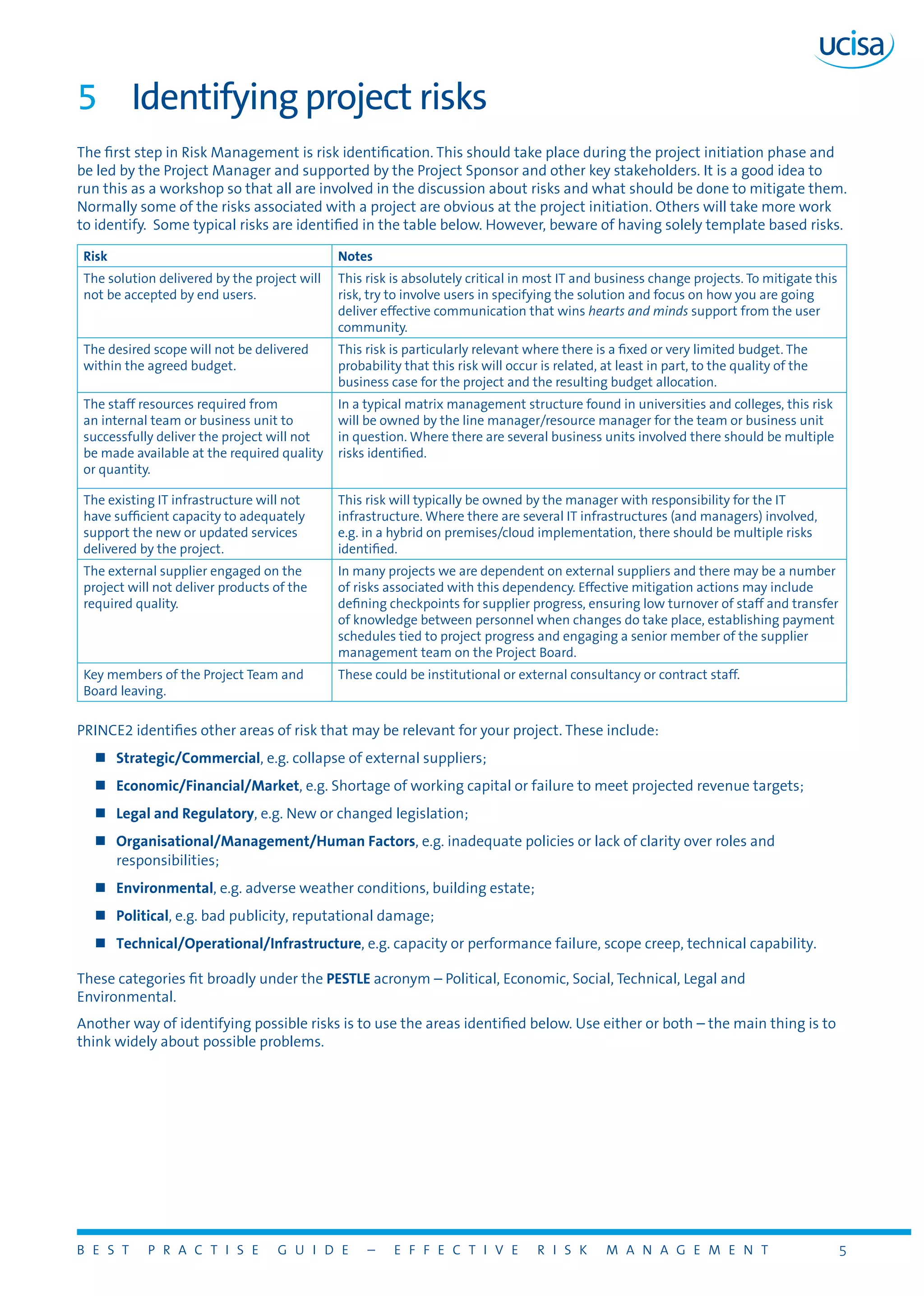B E S T P R A C T I S E G U I D E – E F F E C T I V E R I S K M A N A G E M E N T 5
5	 Identifying project risks
The first step in Risk Management is risk identification. This should take place during the project initiation phase and
be led by the Project Manager and supported by the Project Sponsor and other key stakeholders. It is a good idea to
run this as a workshop so that all are involved in the discussion about risks and what should be done to mitigate them.
Normally some of the risks associated with a project are obvious at the project initiation. Others will take more work
to identify. Some typical risks are identified in the table below. However, beware of having solely template based risks.
Risk Notes
The solution delivered by the project will
not be accepted by end users.
This risk is absolutely critical in most IT and business change projects. To mitigate this
risk, try to involve users in specifying the solution and focus on how you are going
deliver effective communication that wins hearts and minds support from the user
community.
The desired scope will not be delivered
within the agreed budget.
This risk is particularly relevant where there is a fixed or very limited budget. The
probability that this risk will occur is related, at least in part, to the quality of the
business case for the project and the resulting budget allocation.
The staff resources required from
an internal team or business unit to
successfully deliver the project will not
be made available at the required quality
or quantity.
In a typical matrix management structure found in universities and colleges, this risk
will be owned by the line manager/resource manager for the team or business unit
in question. Where there are several business units involved there should be multiple
risks identified.
The existing IT infrastructure will not
have sufficient capacity to adequately
support the new or updated services
delivered by the project.
This risk will typically be owned by the manager with responsibility for the IT
infrastructure. Where there are several IT infrastructures (and managers) involved,
e.g. in a hybrid on premises/cloud implementation, there should be multiple risks
identified.
The external supplier engaged on the
project will not deliver products of the
required quality.
In many projects we are dependent on external suppliers and there may be a number
of risks associated with this dependency. Effective mitigation actions may include
defining checkpoints for supplier progress, ensuring low turnover of staff and transfer
of knowledge between personnel when changes do take place, establishing payment
schedules tied to project progress and engaging a senior member of the supplier
management team on the Project Board.
Key members of the Project Team and
Board leaving.
These could be institutional or external consultancy or contract staff.
PRINCE2 identifies other areas of risk that may be relevant for your project. These include:
„„ Strategic/Commercial, e.g. collapse of external suppliers;
„„ Economic/Financial/Market, e.g. Shortage of working capital or failure to meet projected revenue targets;
„„ Legal and Regulatory, e.g. New or changed legislation;
„„ Organisational/Management/Human Factors, e.g. inadequate policies or lack of clarity over roles and
responsibilities;
„„ Environmental, e.g. adverse weather conditions, building estate;
„„ Political, e.g. bad publicity, reputational damage;
„„ Technical/Operational/Infrastructure, e.g. capacity or performance failure, scope creep, technical capability.
These categories fit broadly under the PESTLE acronym – Political, Economic, Social, Technical, Legal and
Environmental.
Another way of identifying possible risks is to use the areas identified below. Use either or both – the main thing is to
think widely about possible problems.
 
