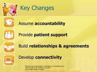 Key Changes 
Assume accountability 
Provide patient support 
Build relationships & agreements 
Develop connectivity 
Reducing Care Fragmentation: Presentation on Coordinating Care 
MacColl Institute for Healthcare Innovation 
Group Health Research Institute 
http://www.improvingchroniccare.org/downloads/care_coordination_toolkit_presentation.ppt  