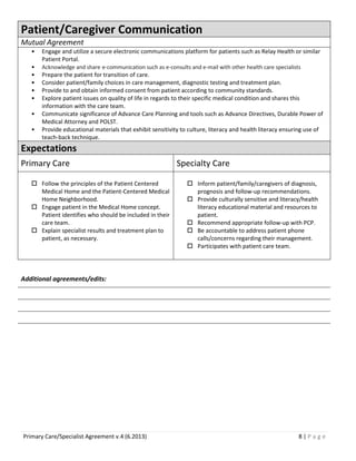 Patient/Caregiver Communication
Mutual Agreement
•
•
•
•
•
•
•
•

Engage and utilize a secure electronic communications platform for patients such as Relay Health or similar
Patient Portal.
Acknowledge and share e-communication such as e-consults and e-mail with other health care specialists
Prepare the patient for transition of care.
Consider patient/family choices in care management, diagnostic testing and treatment plan.
Provide to and obtain informed consent from patient according to community standards.
Explore patient issues on quality of life in regards to their specific medical condition and shares this
information with the care team.
Communicate significance of Advance Care Planning and tools such as Advance Directives, Durable Power of
Medical Attorney and POLST.
Provide educational materials that exhibit sensitivity to culture, literacy and health literacy ensuring use of
teach-back technique.

Expectations
Primary Care
 Follow the principles of the Patient Centered
Medical Home and the Patient-Centered Medical
Home Neighborhood.
 Engage patient in the Medical Home concept.
Patient identifies who should be included in their
care team.
 Explain specialist results and treatment plan to
patient, as necessary.

Specialty Care
 Inform patient/family/caregivers of diagnosis,
prognosis and follow-up recommendations.
 Provide culturally sensitive and literacy/health
literacy educational material and resources to
patient.
 Recommend appropriate follow-up with PCP.
 Be accountable to address patient phone
calls/concerns regarding their management.
 Participates with patient care team.

Additional agreements/edits:

Primary Care/Specialist Agreement v.4 (6.2013)

8|Page

 