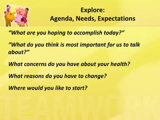 Explore: Agenda, Needs, Expectations 
“What are you hoping to accomplish today?” 
“What do you think is most important for us to talk about?” 
What concerns do you have about your health? 
What reasons do you have to change? 
Where would you like to start?  