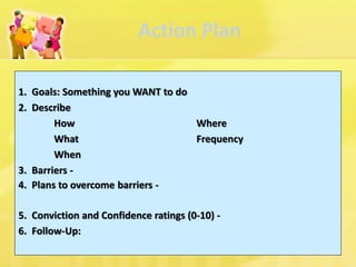 Action Plan 
1. Goals: Something you WANT to do 
2. Describe 
How Where 
What Frequency 
When 
3. Barriers - 
4. Plans to overcome barriers - 
5. Conviction and Confidence ratings (0-10) - 
6. Follow-Up:  