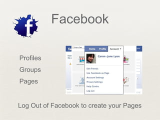 Facebook
Profiles
Groups
Pages
Log Out of Facebook to create your Pages
 