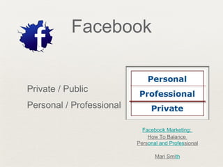 Facebook
Private / Public
Personal / Professional
Facebook Marketing:
How To Balance
Personal and Professional
Mari Smith
 