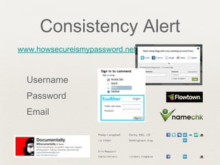 Consistency Alert
Username
Password
Email
www.howsecureismypassword.net
 
