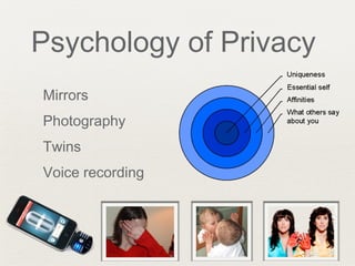Psychology of Privacy
Mirrors
Photography
Twins
Voice recording
 