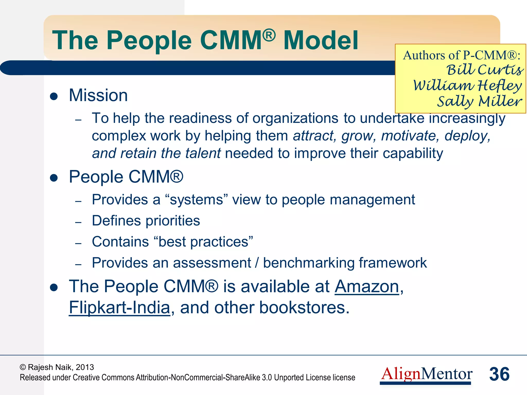 38
© Rajesh Naik, 2013
Released under Creative Commons Attribution-NonCommercial-ShareAlike 3.0 Unported License license AlignMentor
The Themes and Maturity Levels
3
Defined
2
Managed
5
Optimizing
4
Predictable
 