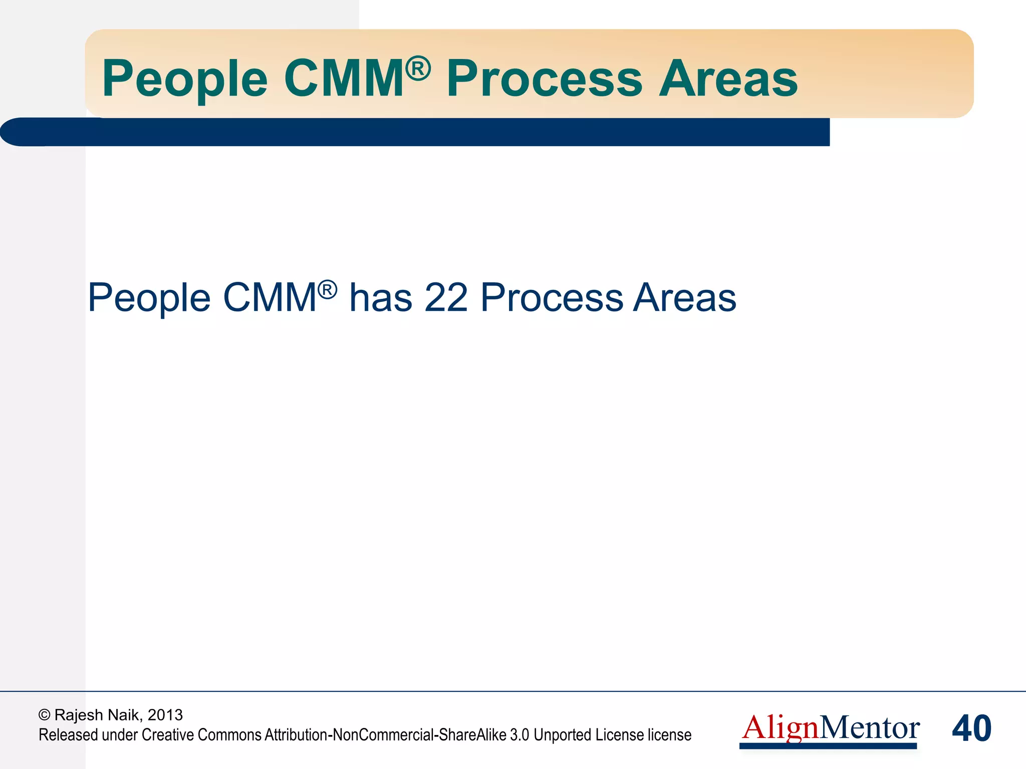 42
© Rajesh Naik, 2013
Released under Creative Commons Attribution-NonCommercial-ShareAlike 3.0 Unported License license AlignMentor
People CMM® Process Areas
Competency Based Practices
Career Development
Quantitative Performance
Management
Communication and
Coordination
Participatory Culture
Workgroup Development
Empowered Workgroups
Competency Integration
Training and Development
Competency Development
Competency Analysis
Staffing
Workforce Planning
2
3
4
5
2
3
4
5
MaturityLevels
MaturityLevels
22 Process Areas
by maturity level
and process theme
Skills/ Competencies Teamwork, Culture, Belonging Aligning Workforce to Strategy
Process Themes
Mentoring
Competency Based Assets
Compensation
Performance Management
Work Environment
Motivation and Performance
Organizational Capability
Management
Continuous Capability Improvement
Continuous Workforce Innovation
Organizational Performance Alignment
 
