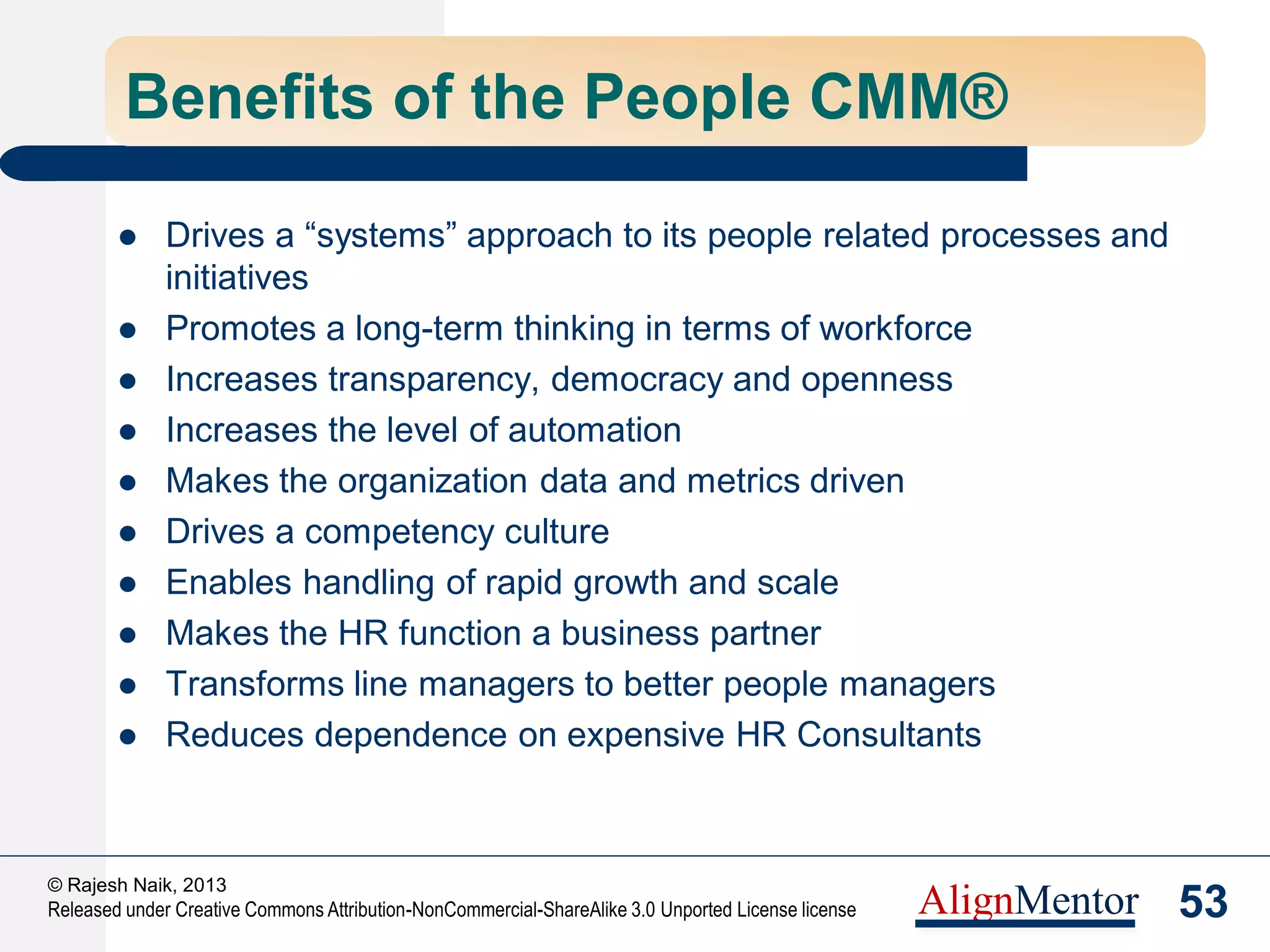 55
© Rajesh Naik, 2013
Released under Creative Commons Attribution-NonCommercial-ShareAlike 3.0 Unported License license AlignMentor
For those who want to implement
 First, get a copy of the model and read it
– Available on Amazon and Flipkart-India.
 Run it as an organizational initiative
– Involve Operations, Quality and HR
 Ensure Executive Management buy-in and focus
– For continuing resources, budgets and attention
 Use the “maturity” concept
– Fix the basics first, before attempting complex stuff
 Use Program/ Project Management Approach
– Rather than a set of unconnected events
 Do what it takes to make a habit of the new process
 