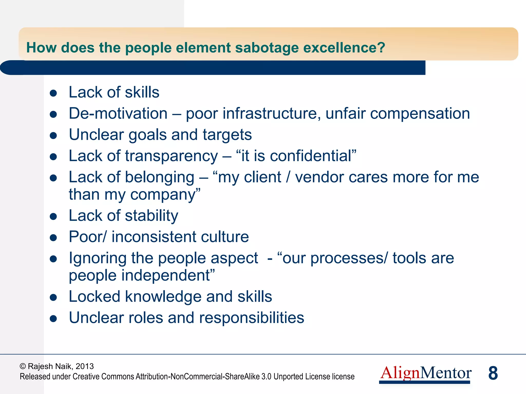10
© Rajesh Naik, 2013
Released under Creative Commons Attribution-NonCommercial-ShareAlike 3.0 Unported License license AlignMentor
Theme – Skills/ Competencies
Do We Know How to Do the Work?
Theme – Skills/ Competencies
 