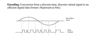 Encoding: Conversion from a discrete-time, discrete-valued signal to an
efficient digital data format ( Represent as bits).
 